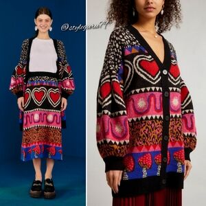 NWT, FARM RIO, Ainika Tapestry Graphic Elements Cardigan in Red Combo